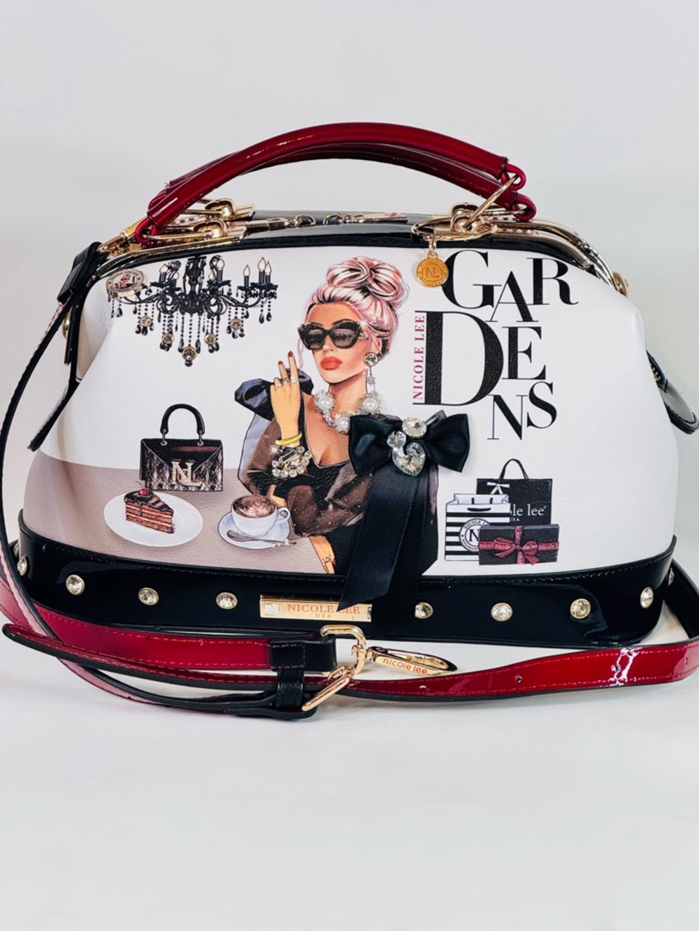 Nicole Lee White & Burgundy Illustrated Dome Crossbody Glam Satchel